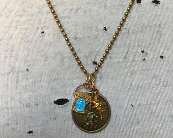 Upcycled Gold Ball Chain Necklace with Religious/Spiritual Vintage Saints, and Cupid Charms