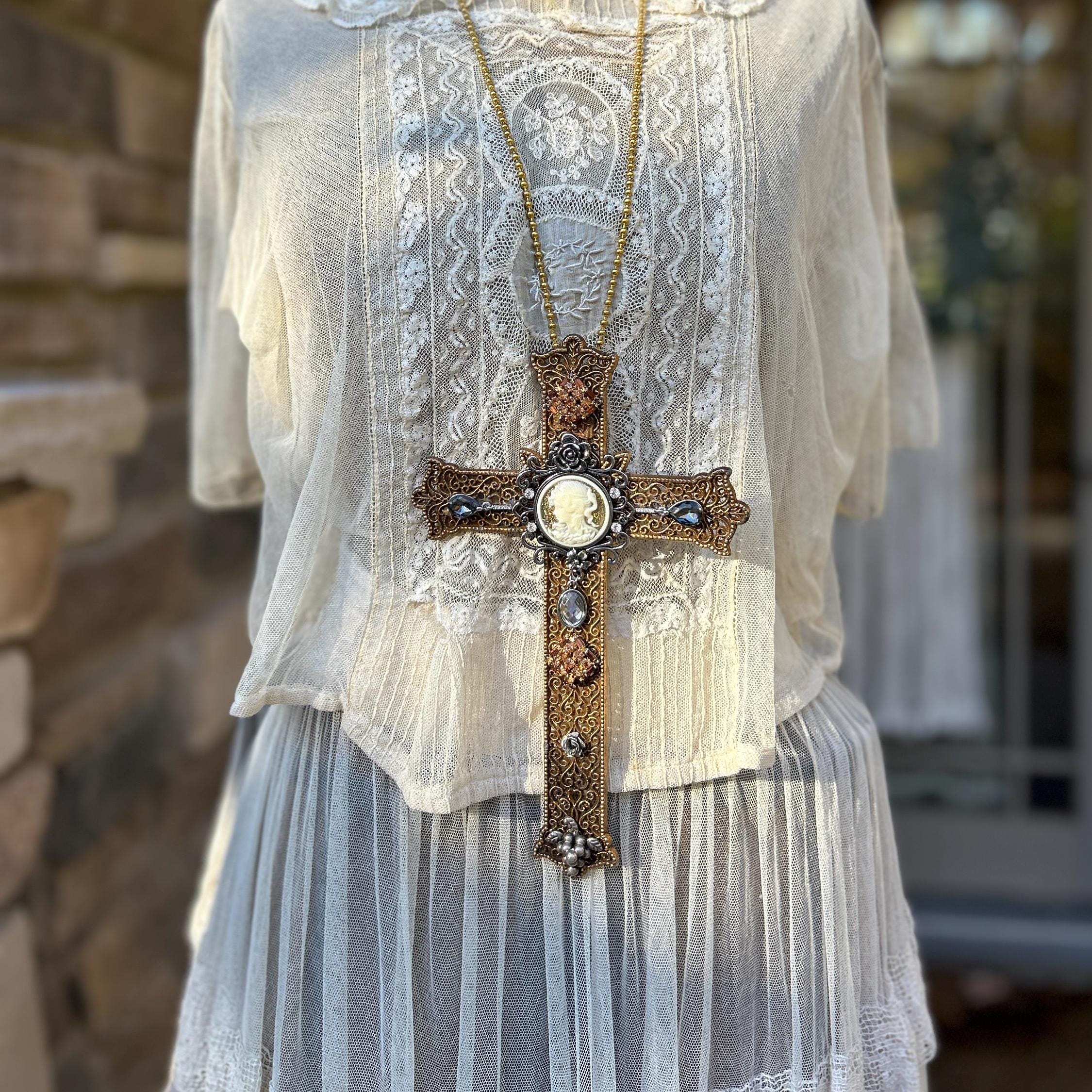 Black Label Gothic Flower Collages Large Byzantine Cross Crucifix & Cameo Statement Necklace