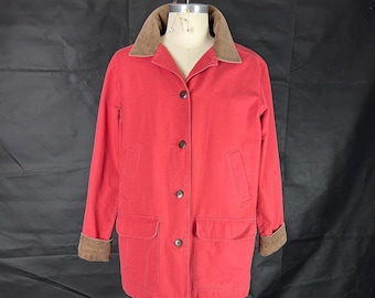 Gebruikte grote maat klassieke Amerikaanse LL Bean XL-damesjas rode barnsteen met bruine corduroy afwerking