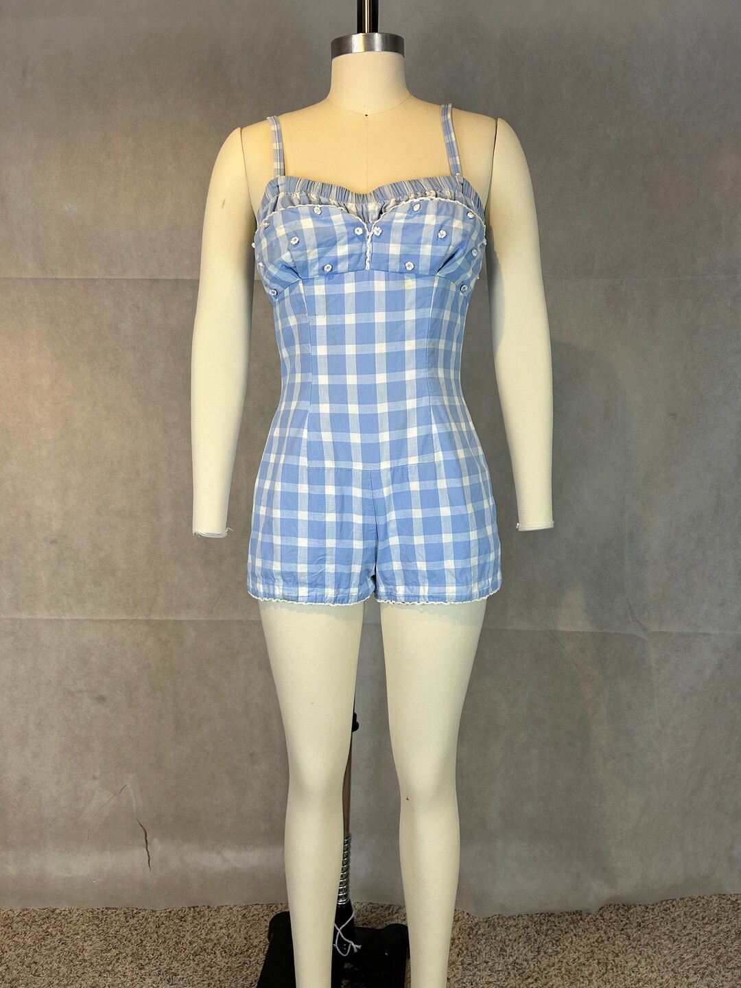 Vintage 1950s Baby Blue Gingham Bathing Suit Rompers With Sexy Double ...