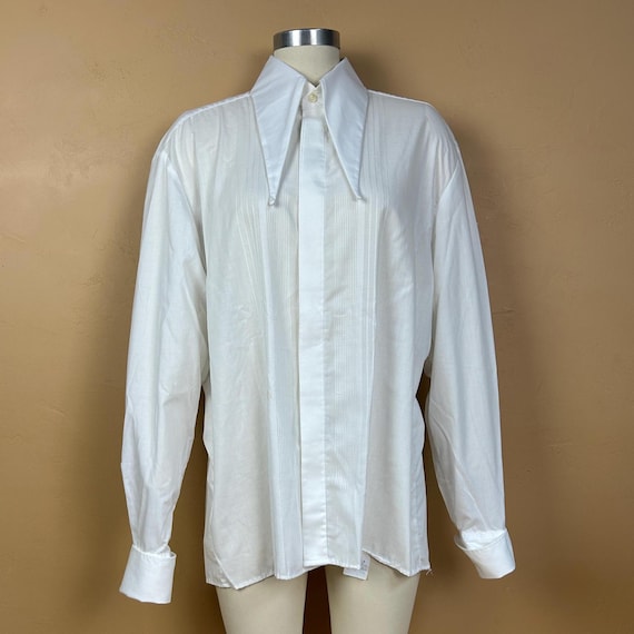 Upcycled Swedish Pre-Owned French Cuff White Tux Shirt With Added 1970s Dagger Collar - Inspired By This Year's Designer Looks