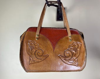 Amazing Vintage 100% Tooled Leather Hand Bag With Leather Lacing and Brass Detailing - Gorgeous Statement Accessory!