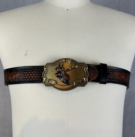 Vintage Genuine Leather Beautifully Tooled Belt With Deers 