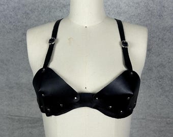Upcycled Handmade Genuine Black Leather Retro Bullet Bra Made With Found Leather Scraps - Silver Grommets & Buckles