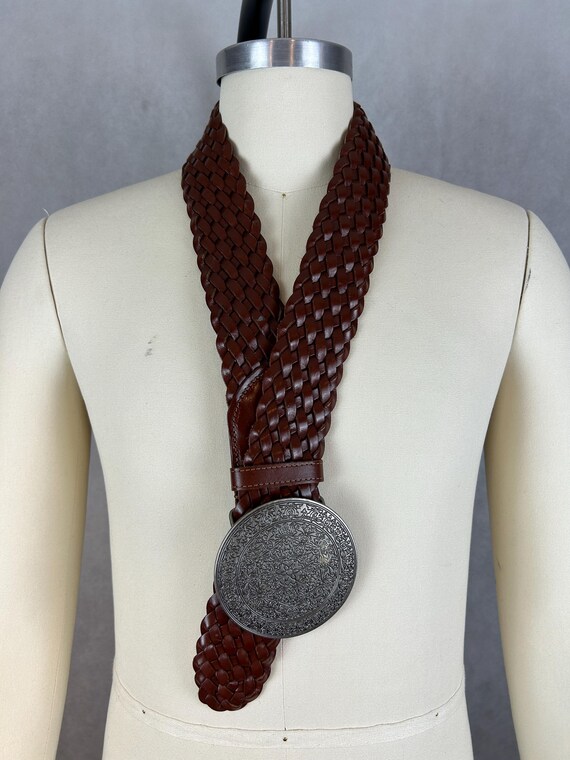 Intricate Brown Lwather Woven Belt with Engraved Silver Buckle Basketweave Brown Belt – King Ranch Saddle Shop main image 3