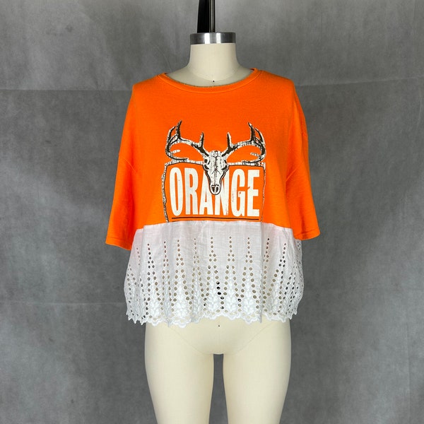 Deconstructed Hybrid Top Combines Hunter Orange, Deer Skull & Edwardian Eyelet Trim - Random and Unisex (My Favorite)