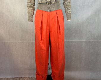 Vintage Tomato Red High Waisted Pleated Pants With Large Rolled Up Cuff and exposed Back Zipper