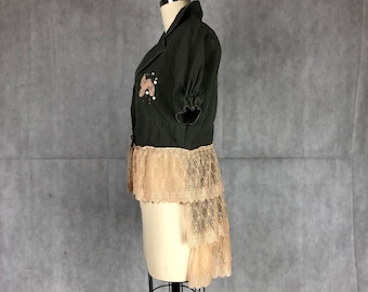 Plus Size Deconstructed Unisex Military Tailcoat/Frock Coat with Short Gathered Sleeves & Tea Stained Victorian Style Lace