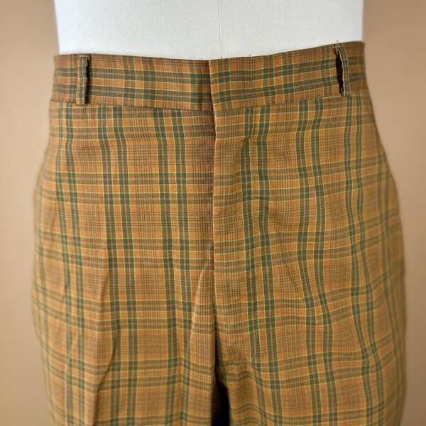 Vintage heren jaren 50 roest- en olijfgroene geruite katoenen broek/pantalon