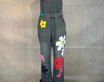 Recent Vintage Classic Cut Black Denim Overalls With Large Flower Power Rainbow Daisy Silk Screened On
