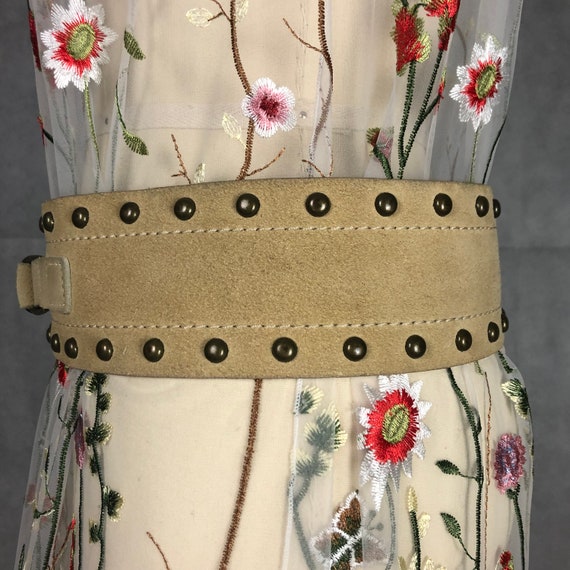 Vintage 3" Wide Tan Suede Belt with Brass Studs -… - image 3