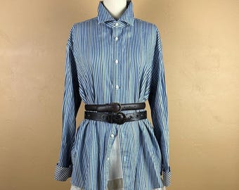 Pre Owned Designer Blue Striped Men's XXL Dress Shirt With Contrasting Checked Lining - Oversized Tunic/Dress - Unisex