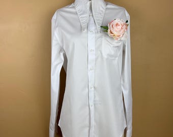 Upcycled Gender Neutral White Dress Shirt With Added 70s Inspired Dagger Collar  - Inspired By British Designer