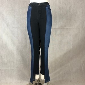 Zwart-blauwe regels! Gedeconstrueerde hybride denimjeans in runway-ready colourblocked look