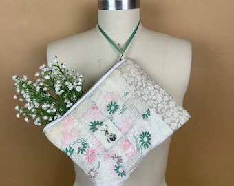 Upcycled  Wrist Bag Made From Vintage 1940s Hand Stitched Quilt With Gothic Flower Logo
