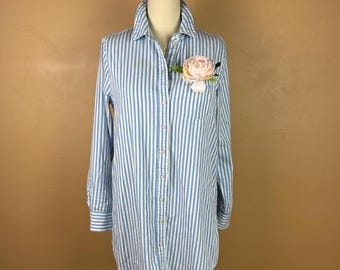 Vintage Women's Oversized Cotton Canvas Blue Striped Shirt/Tunic - Worn Patina With Lightly Frayed Collar & Cuffs