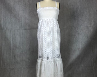 Upcycled White Empire Eyelet Dress with Smocked Elastic Bodice And Generous Skirt Ruffle - NWT