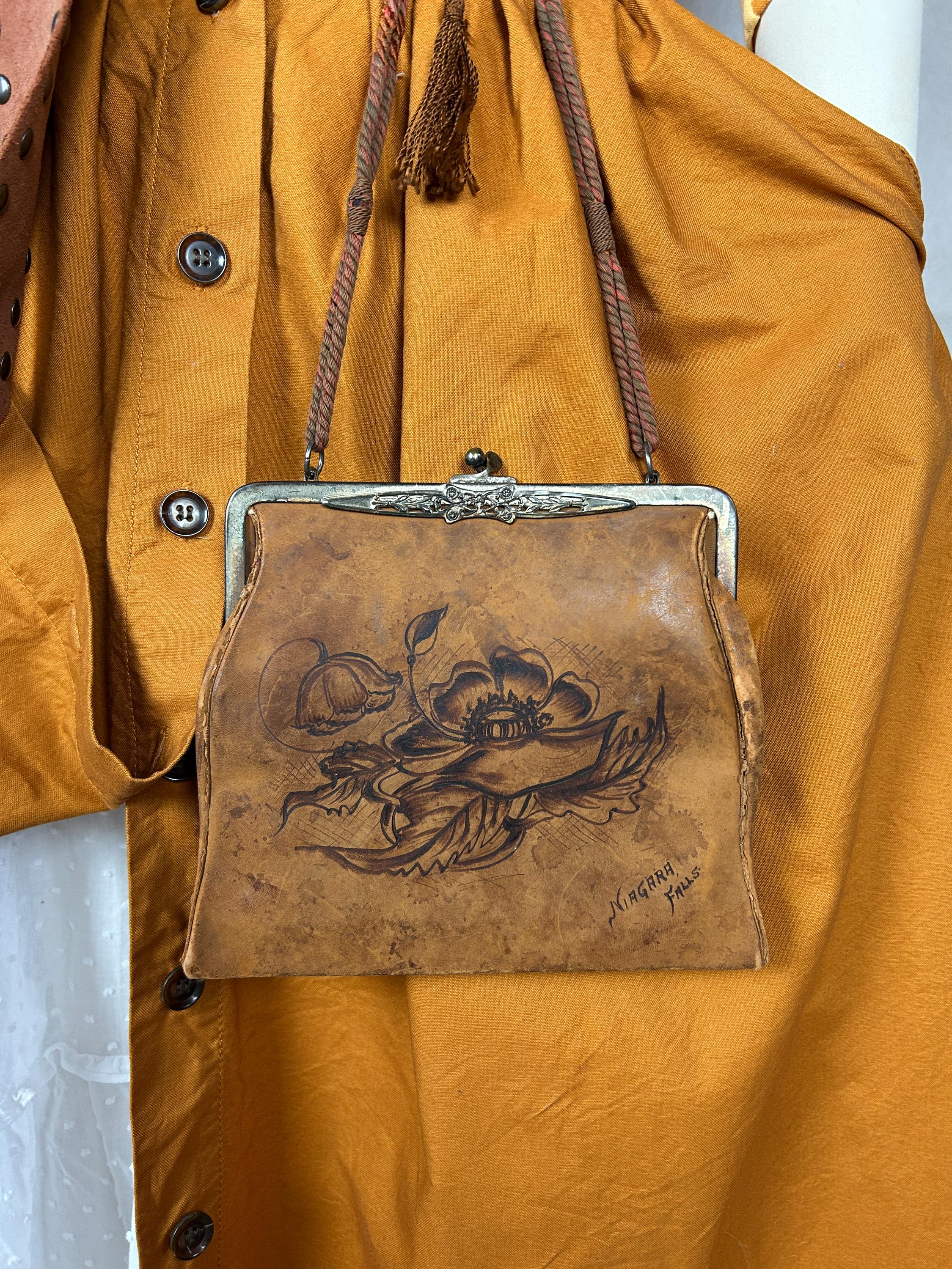 Antique 1920s Niagara Falls Brown Leather Souvenir Purse. Tooled