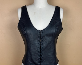 Upcycled Black Leather Bike Corset Vest With Lace Up Front
