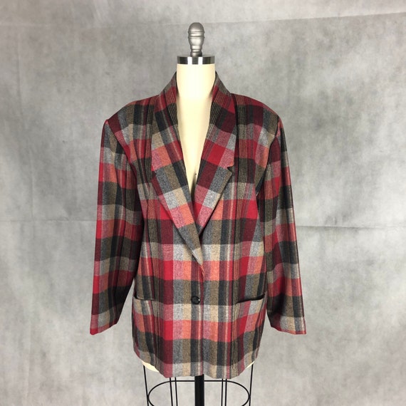 Vintage 100% Wool Plus Size Red & Grey Plaid Blaz… - image 2