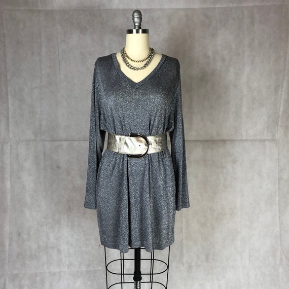 Plus Size Fabulous Vintage Silver Metallic Light Weight Sweater Dress - Deep V Neck and Relaxed Flattering Fit