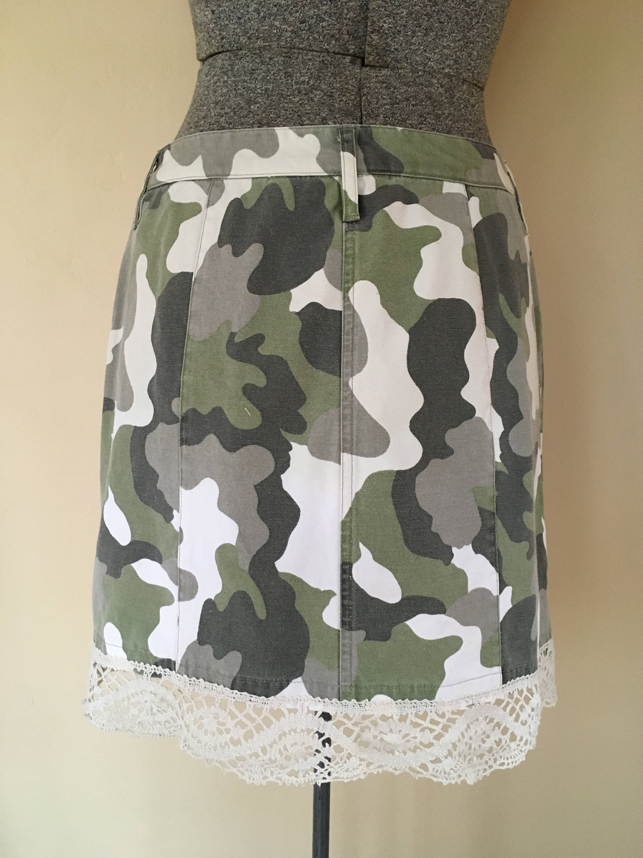 Upcycled Camo Mini Skirt With Antique Lace & Deer Skull Logo | Etsy