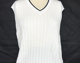 Vintage High Quality Men's Off White Cable Knit Golf Vest With V-Neck Varsity Black Band