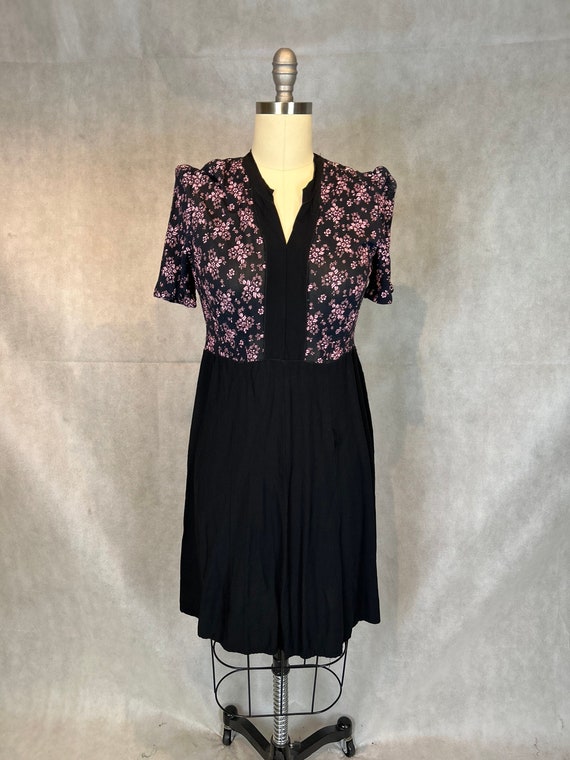 Lovely Vintage 1940s Black Crepe Dress with Pink P