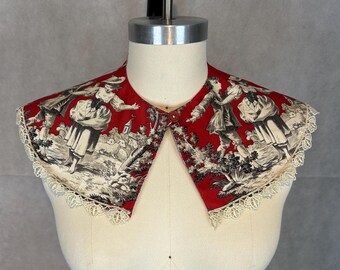 Leftover Fabric Scraps Become a Reversible Button On Collar - Red French Toile & Newspaper Font Print