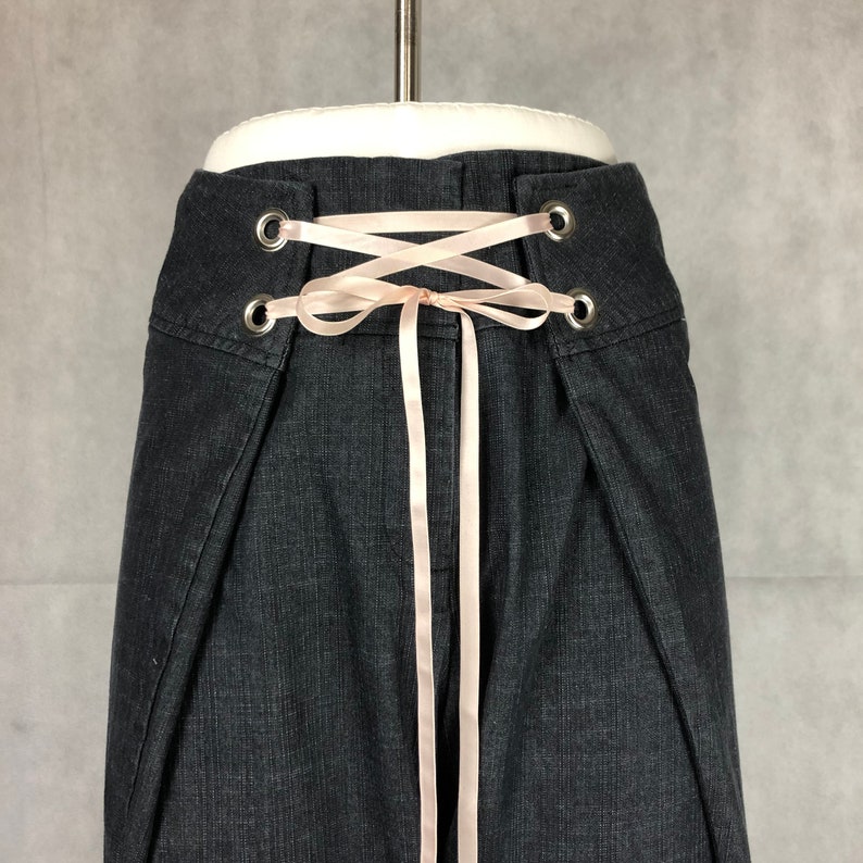 Upcycled Downsized Dark Wash Denim Capri Pants with Silver Grommet Closure and Rayon Ribbon