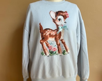 Vintage Baby Deer Sweatshirt in Baby Teal Blue Sealed With a Bow