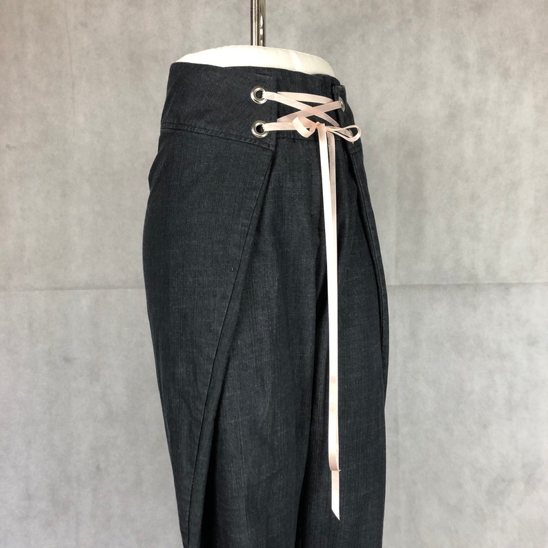 Upcycled Downsized Dark Wash Denim Capri Pants with Silver Grommet Closure and Rayon Ribbon