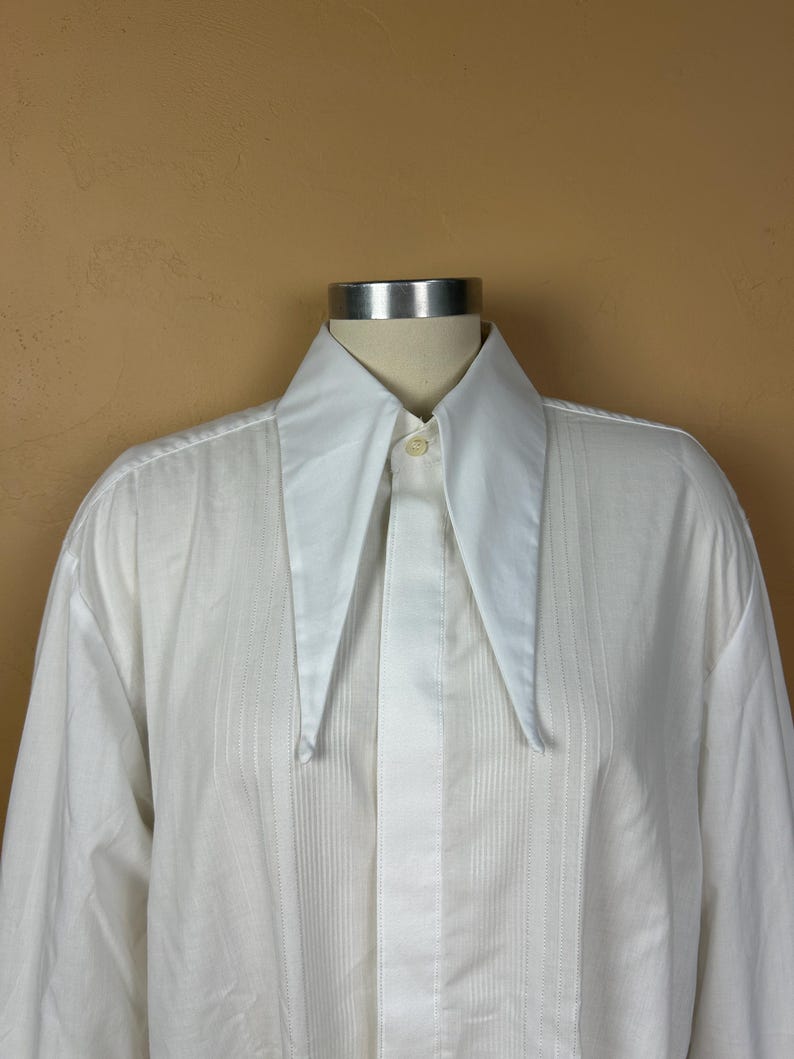 May include: A white long-sleeve button-up shirt featuring a prominent, oversized pointed collar. The shirt is constructed with a vertical pleated front panel design, a single visible top button, and long sleeves, displayed on a mannequin torso.