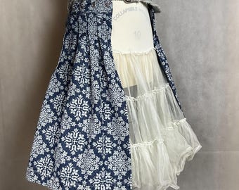 Upcycled Blue Denim Pleated Jean Skirt With White Geometric Design and Distressed Denim Belt With Grommets - Modern Overskirt or Cape