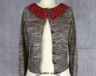 Vintage, But On Trend, Heather Brown Cardigan with Jeweled Trim at Neck and a 50s Vibe