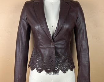 Vintage 1990s  Women's Soft Brown Leather Shrunken Blazer With Laser Cut Details - XS