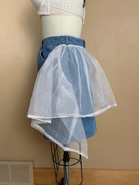 Upcycle Vintage Denim Blue Jean Mini Skirt and Vintage Crisp Tulle