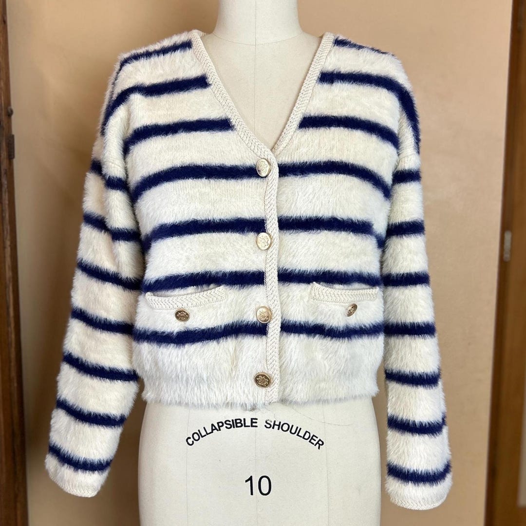 Vintage Classic French Designer Cream Cardigan With Navy Stripes and ...