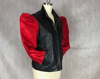 Deconstructed Hybrid Black Leather Jacket with Red Leg of Mutton Sleeves - On Trend Silhouette for Fall and Winter
