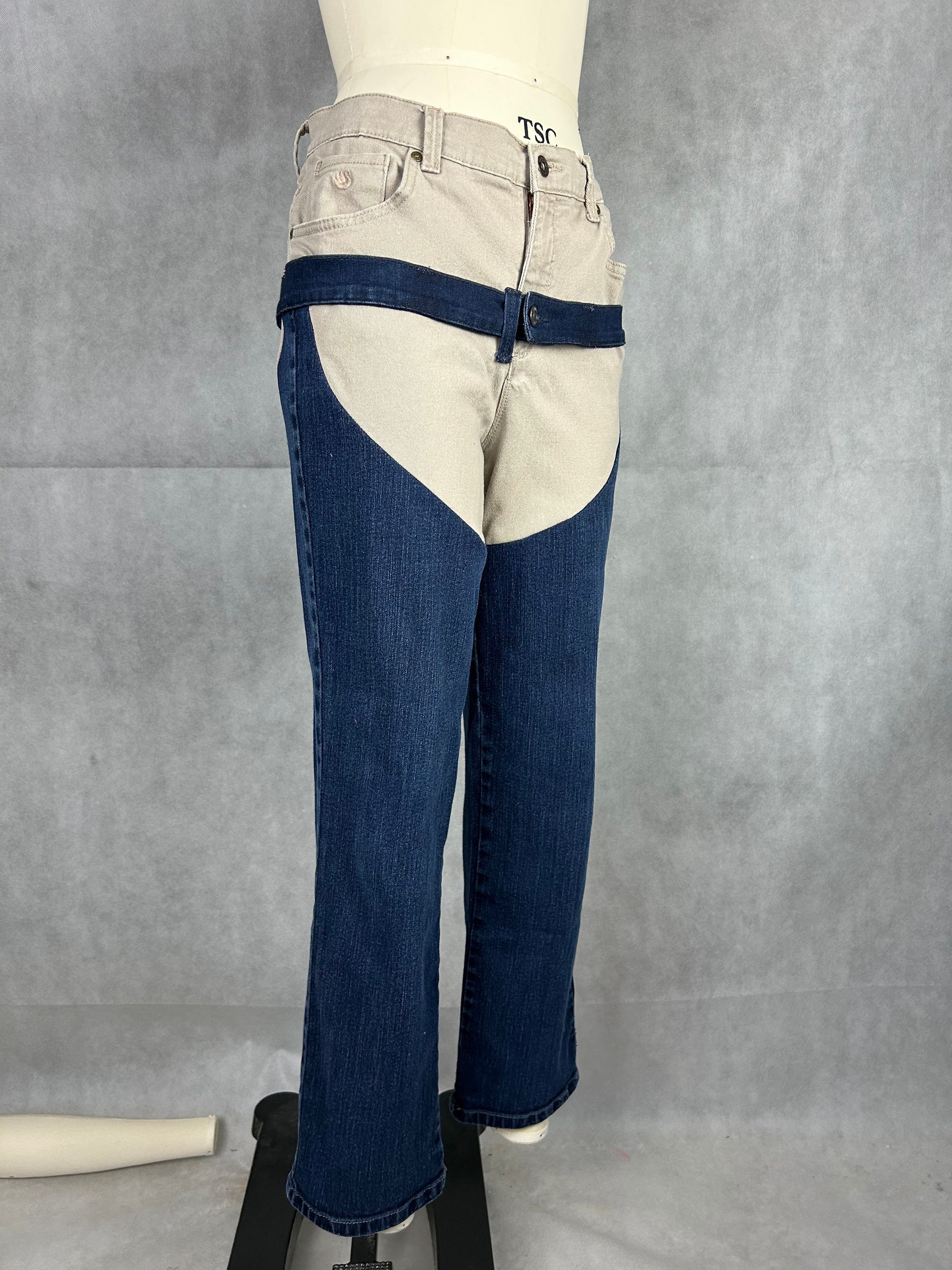 Deconstructed Hybrid Designer Inspired Two Tone Chaps Jeans