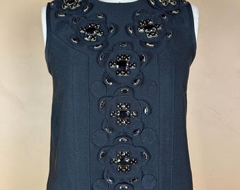 Vintage Authentic "Karta" Little Black Dress (LBD) With Black Jewels Trim - Drop Waist 60s Style - Pleated Skirt