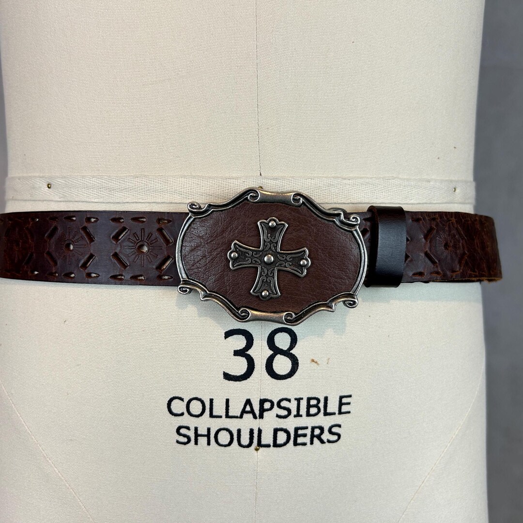 Vintage Brown Perforated Leather Belt With Silver Coloured Buckle XL Amazon.com: Beltiscool Studded Perforated Embossed Leather  main image 2