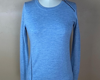 Vintage Light Blue Crew Neck, Long Sleeve, 100% Merino Wool Random Zippers Womens Sweater - J Crew