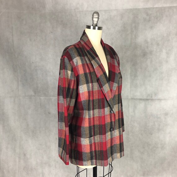 Vintage 100% Wool Plus Size Red & Grey Plaid Blaz… - image 1