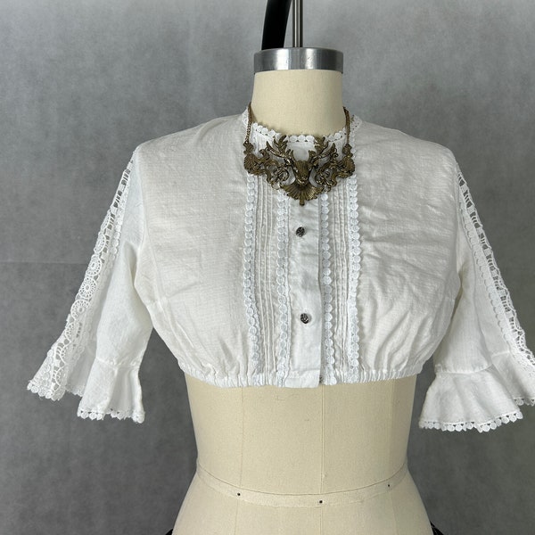 Vintage Cropped White Dirndl Button Front Blouse With Pin Tucks and Inserted Lace Puffed Sleeves - Pewter Buttons