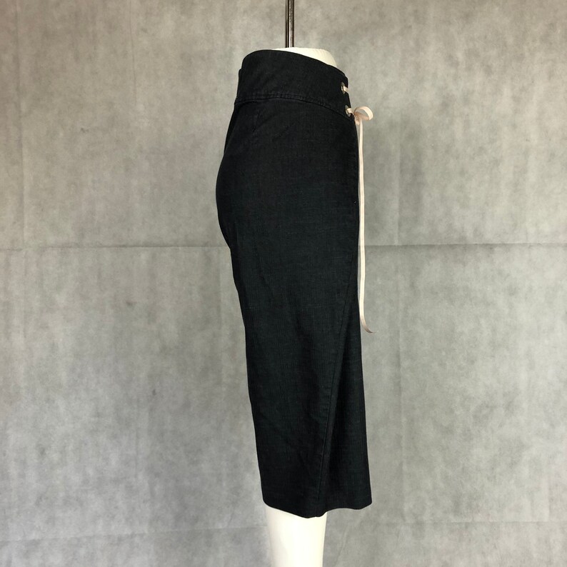 Upcycled Downsized Dark Wash Denim Capri Pants with Silver Grommet Closure and Rayon Ribbon