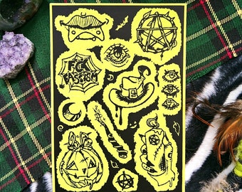 Vinyl sticker sheet • screenprinted "spooky halloweenish witchy?!"