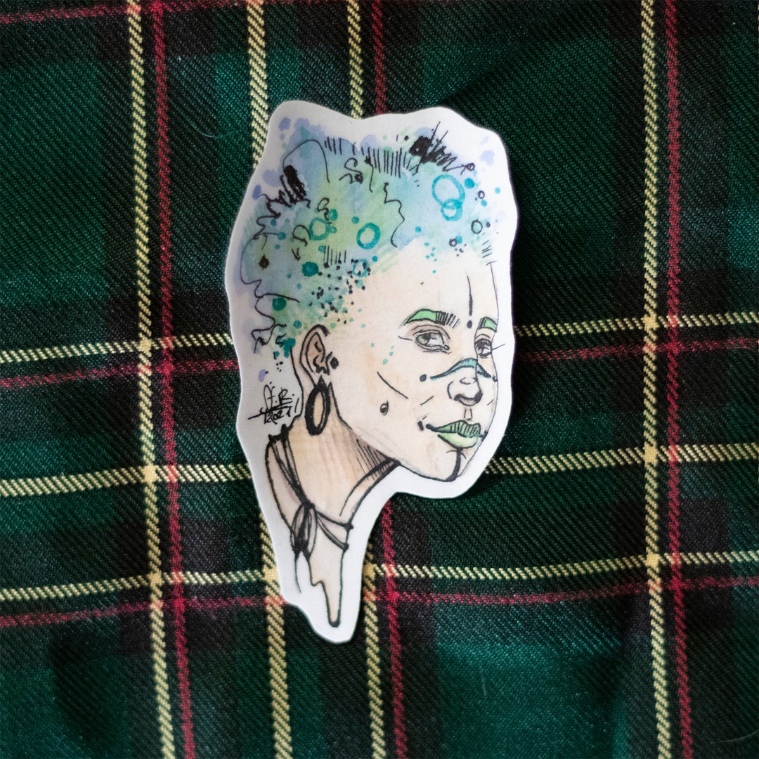 UNIQUE ART Adhesive Paper Sticker Blue Green Alternative Woman Portrait ...