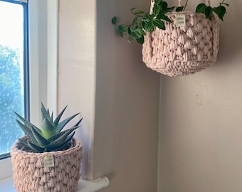 Set of 2 Crochet Hanging and Standing Plant Baskets available in 4 green, pink, white and grey