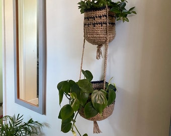 Set of twine and black cotton double tier crochet hanging houseplant baskets
